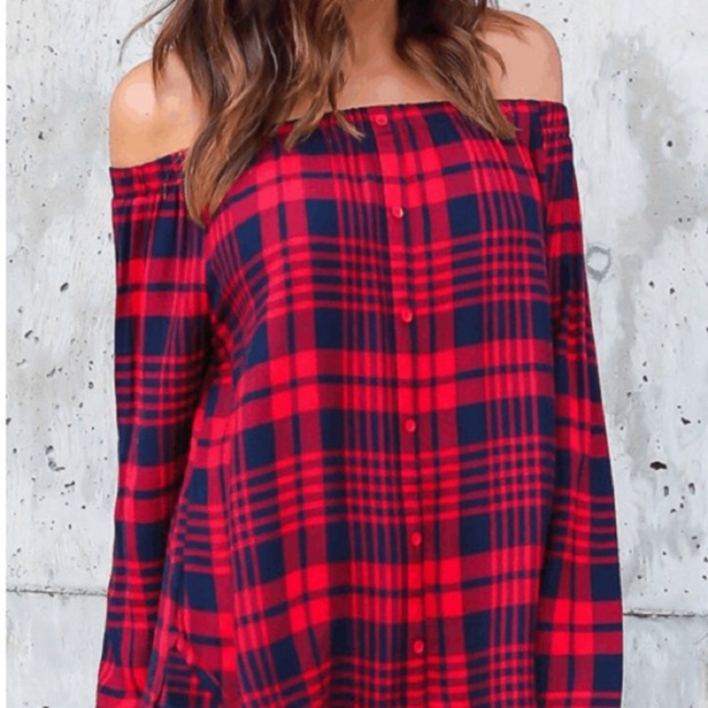 Plaid Off Shoulder Top - Picture 2 of 3
